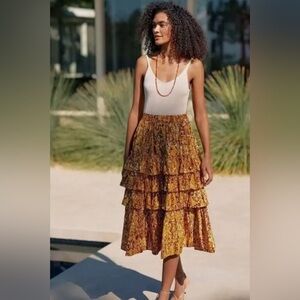 Anthropologie Floral A-Line Midi Tiered Ruffle Skirt Love The Label Size L